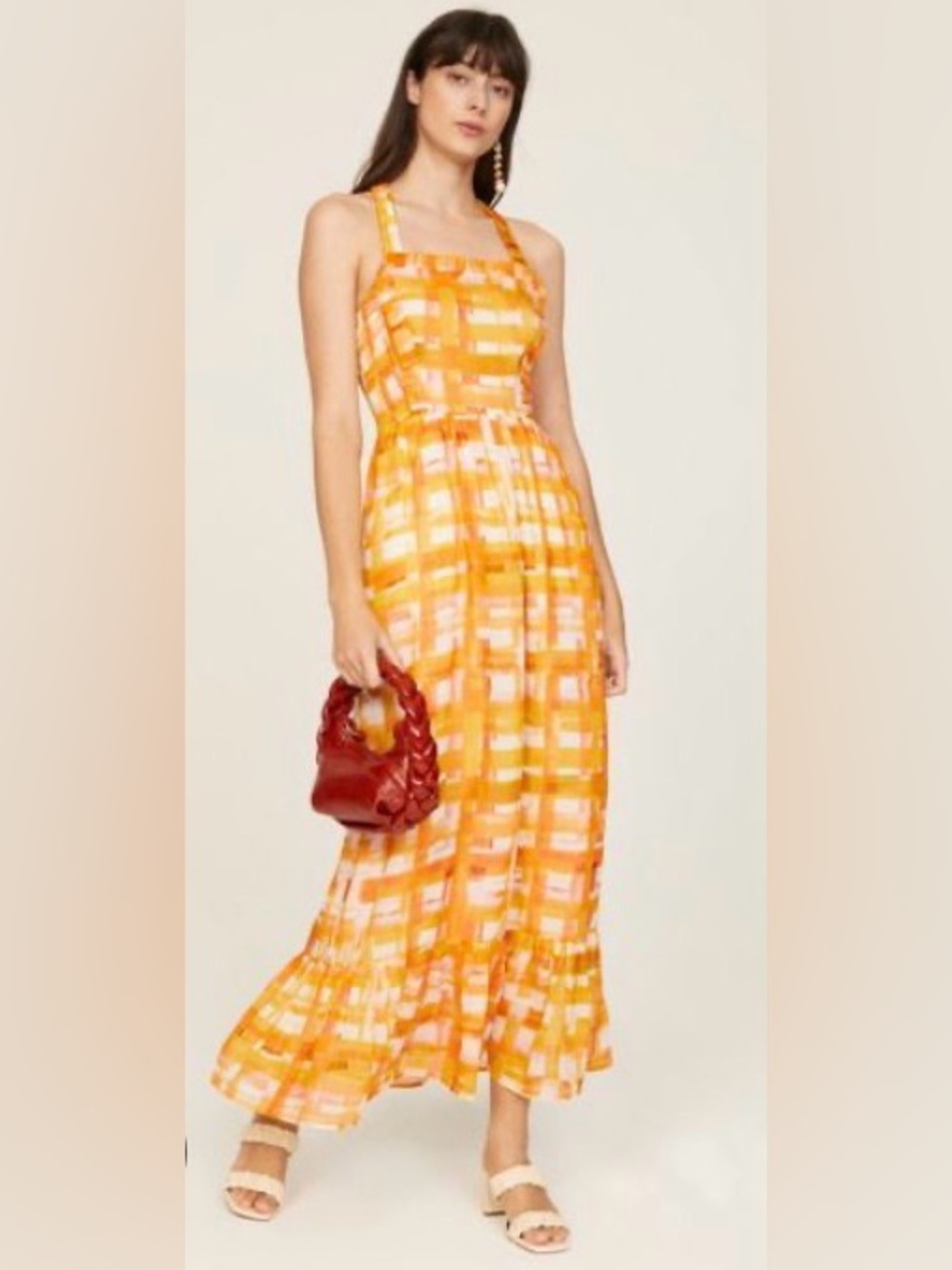 Marie Oliver Prima Maxi Dress Ruffled Criss Cross Back Yellow Orange Plus Sz. 1X